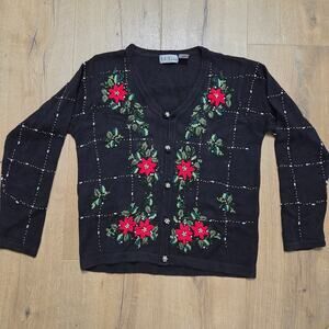 Vtg Black Crochet Holiday Button 
Cardigan Sweater Christmas Poinsettas S EUC